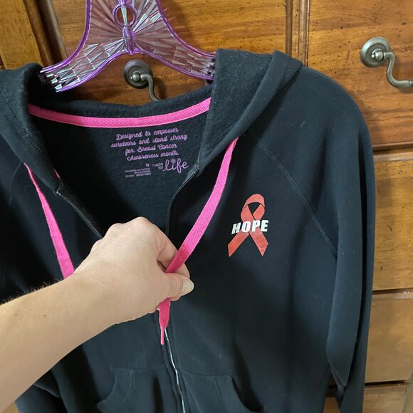 BREAST CANCER AWARENESS Women's Size Medium Black Track Jacket Hope Ribbon Pink - Picture 11 of 13